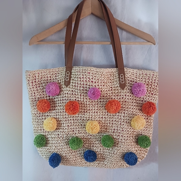 INC International Concepts Handbags - INC Pom Pom Rattan Straw Beach Bag Handbag Tote Purse Perfect For Summer!